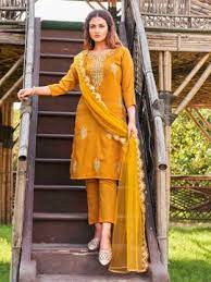 Senfgelbe Kurta mit Netz-Dupatta